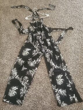 Fashion Nova Black Floral Halter Wide-Leg Jumpsuit